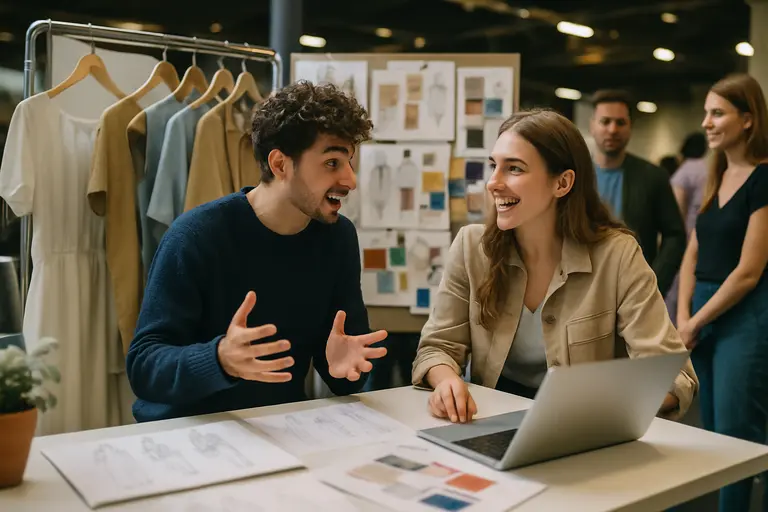 Independent designer reviewing garment samples beside fabric notes