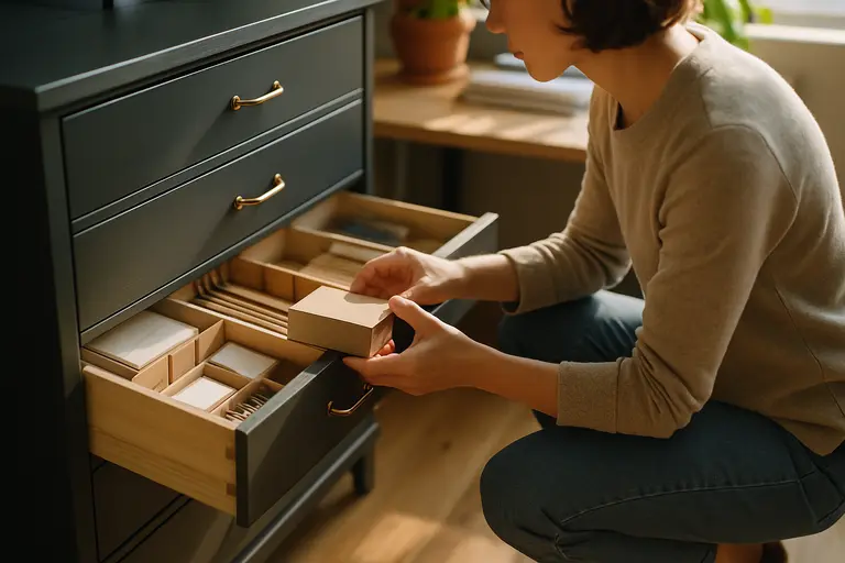 Labeled craft bins, shelves, and a clear tabletop in a home workspace