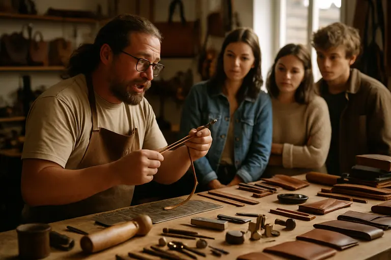 Maker arranging care cards next to handcrafted objects on a table