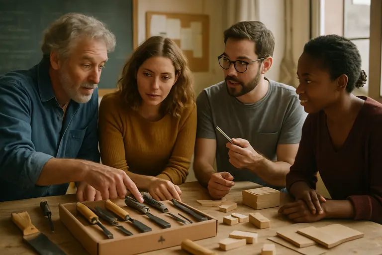 Maker choosing between paper tools, thread, and small hand tools