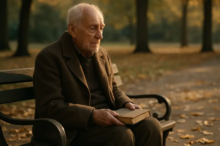 Person seated on a bench looking toward subdued abstract artworks