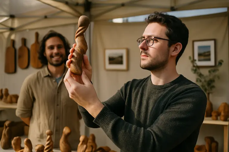 A maker explaining materials to a shopper holding a small handmade object