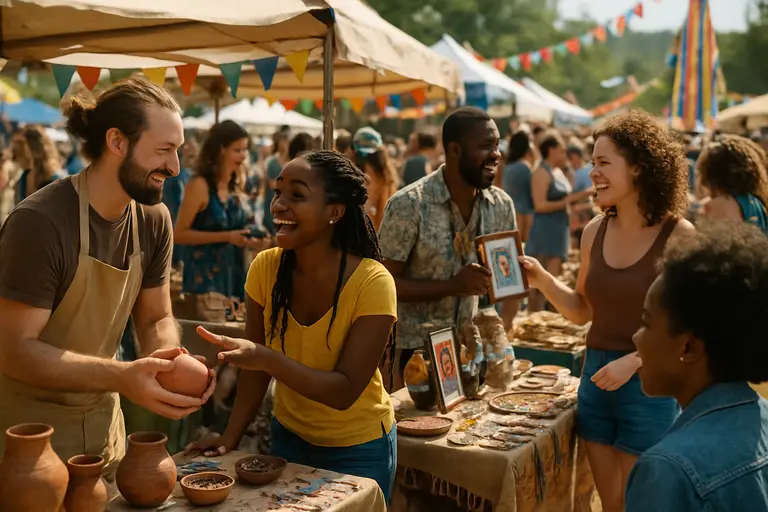 Local maker booth with garments and accessories at an outdoor event