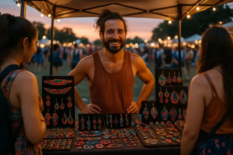 Handmade festival accessories arranged beside breathable clothing and shoes