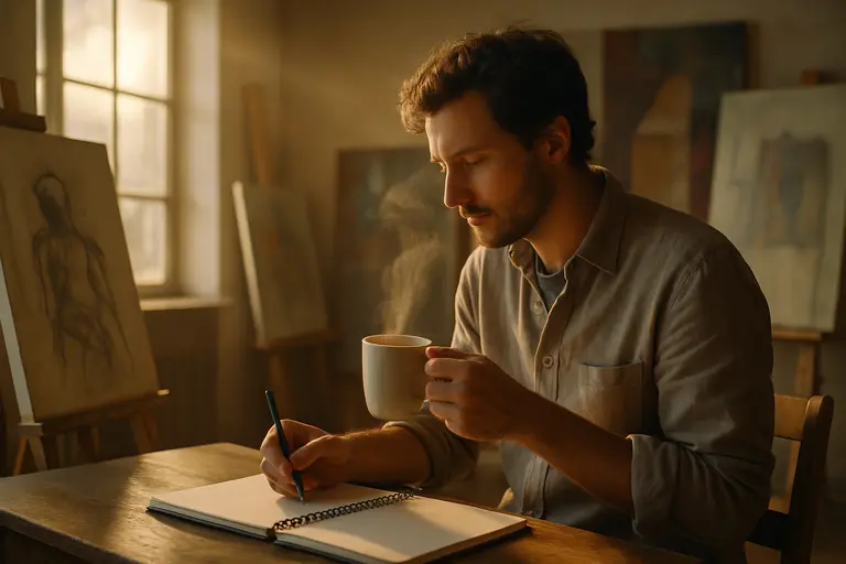 Cup of tea beside sketch paper and pencils on a quiet table