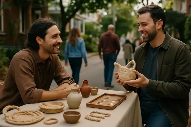 Artisan explaining a handmade object to a visitor at a craft fair table