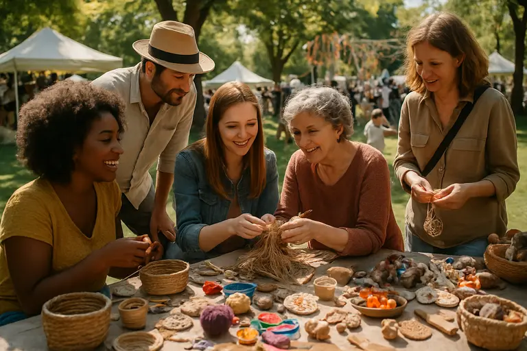 Artisan explaining a handmade object to visitors at a small public craft event