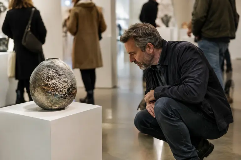 Buyer examining a handcrafted object with attention to form and surface