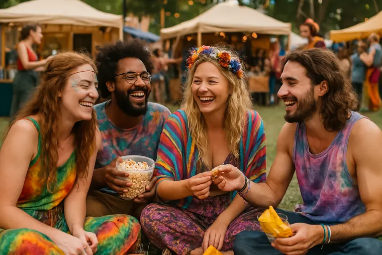 Festival visitors browsing handmade clothing racks at an outdoor vendor stall