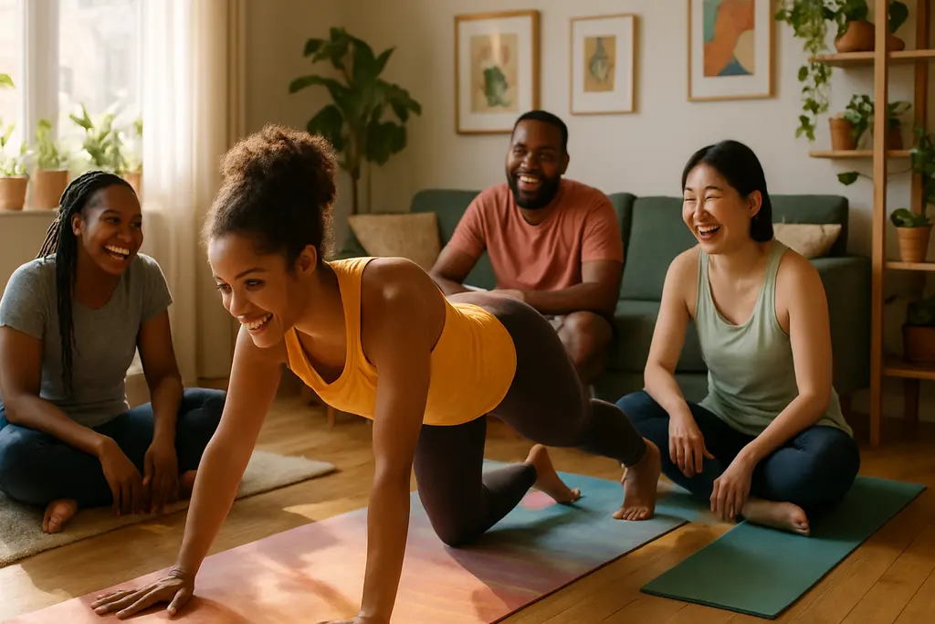 Home workout aesthetics with a mat, textile backdrop, and handmade ceramic storage