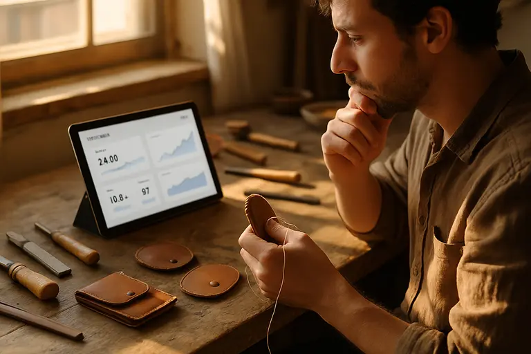Laptop analytics screen near handmade tools and a notebook in a small studio