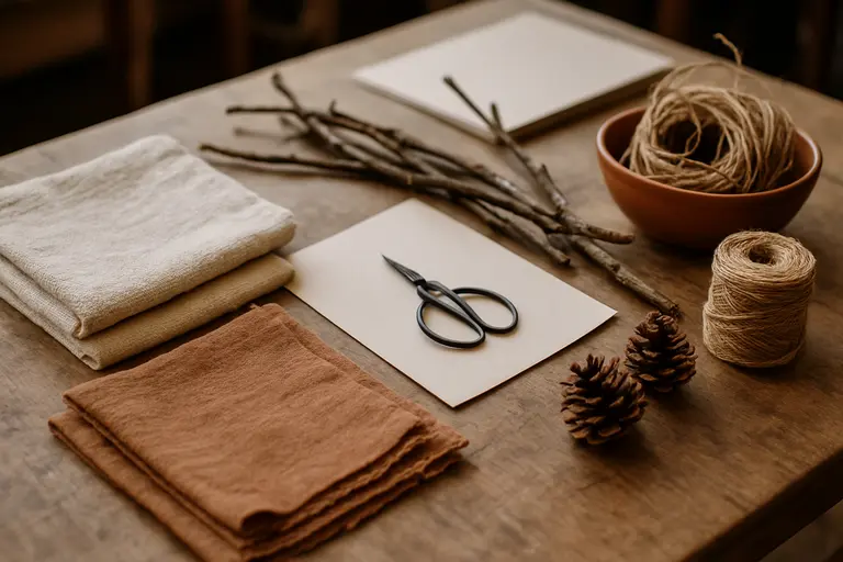 Simple craft materials arranged on a table with cloth, twigs, and paper
