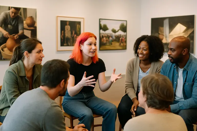 Visitors pausing respectfully near artworks in a small community gallery