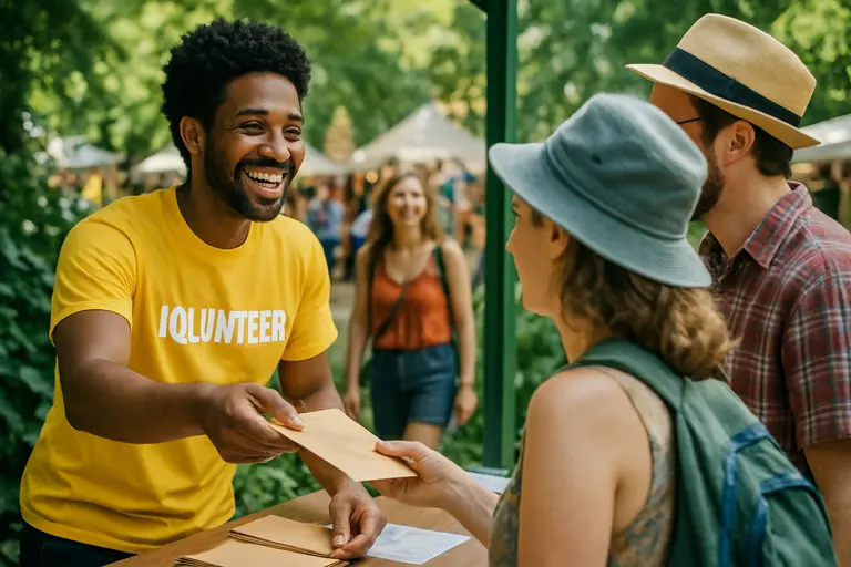 Volunteers speaking with attendees beside information tables at a festival