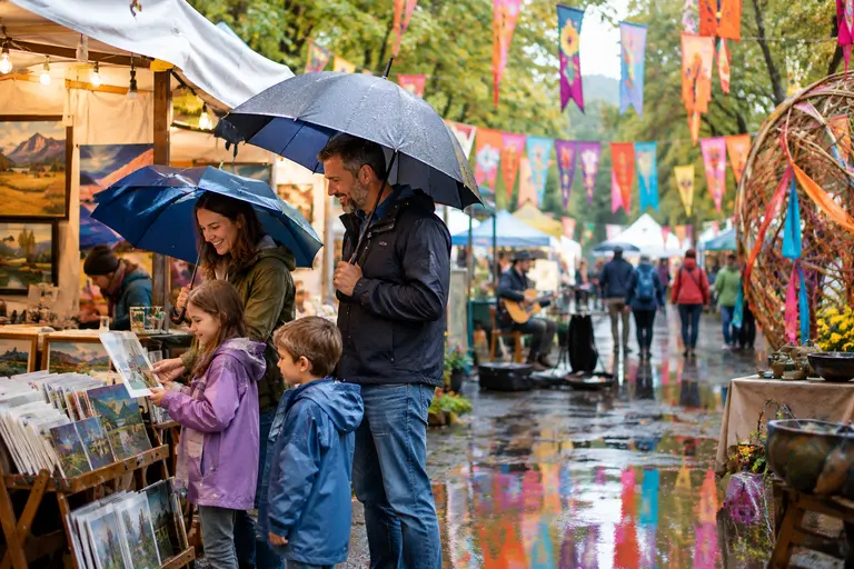 Wet pavement near covered outdoor art tents after rainfall